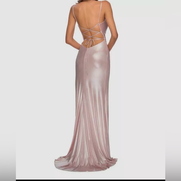 $430 La Femme Women's Pink Lace-Up Back Metallic Jersey Dress Gown Size 4 - Picture 2 of 2